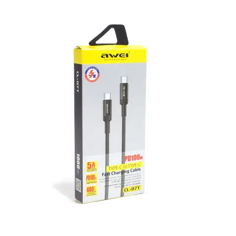 Кабель Type C to Type C 100W, 5A, 1m, Чёрный (Awei CL 117T) img.0-m